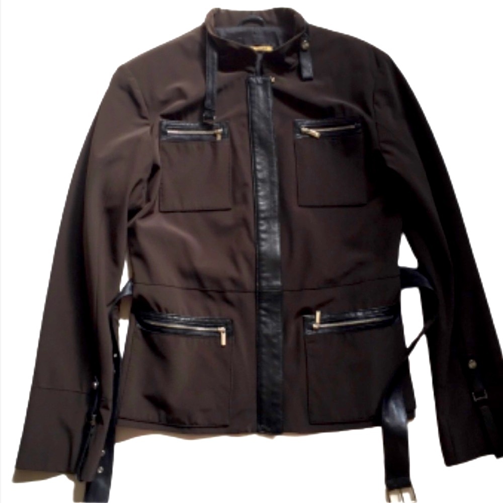 NWT Luxury Italian jacket Brown w/Black leather trim size M